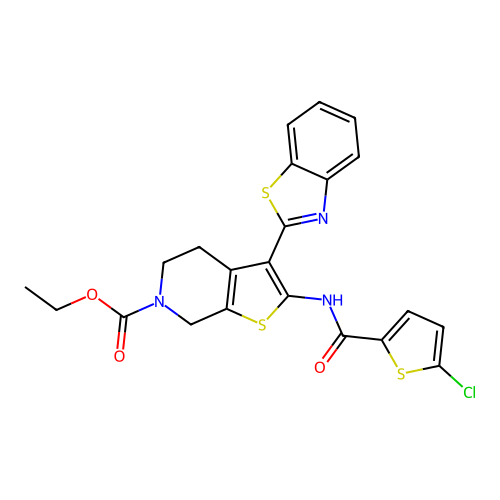 ethyl 3-(1,3-benzothiazol-2-yl)-2-(5-chlorothiophene-2-amido)-4H,5H,6H,7H-thieno[2,3-c]pyridine-6-carboxylate structure