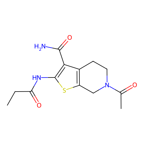 6-acetyl-2-(propanoylamino)-5,7-dihydro-4H-thieno[2,3-c]pyridine-3-carboxamide structure