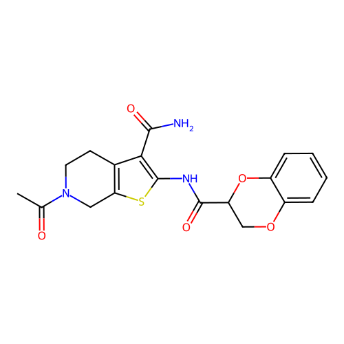 6-acetyl-2-(2,3-dihydro-1,4-benzodioxine-3-carbonylamino)-5,7-dihydro-4H-thieno[2,3-c]pyridine-3-carboxamide structure