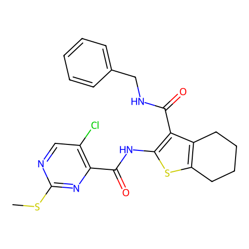 N-[3-(benzylcarbamoyl)-4,5,6,7-tetrahydro-1-benzothiophen-2-yl]-5-chloro-2-(methylsulfanyl)pyrimidine-4-carboxamide structure