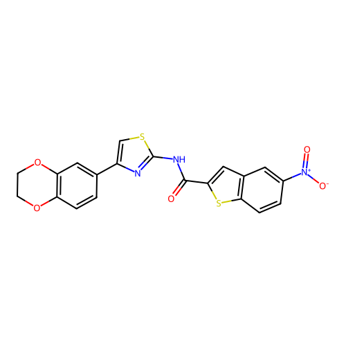 N-[4-(2,3-dihydro-1,4-benzodioxin-6-yl)-1,3-thiazol-2-yl]-5-nitro-1-benzothiophene-2-carboxamide structure