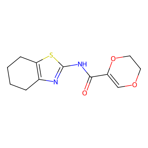 N-(4,5,6,7-tetrahydrobenzo[d]thiazol-2-yl)-5,6-dihydro-1,4-dioxine-2-carboxamide structure