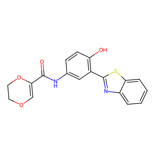 N-(3-(benzo[d]thiazol-2-yl)-4-hydroxyphenyl)-5,6-dihydro-1,4-dioxine-2-carboxamide structure