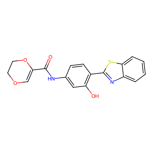 N-[(4Z)-4-(3H-1,3-benzothiazol-2-ylidene)-3-oxocyclohexa-1,5-dien-1-yl]-2,3-dihydro-1,4-dioxine-5-carboxamide structure