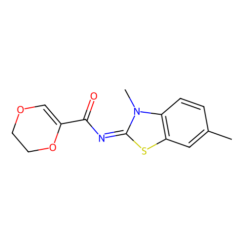 (E)-N-(3,6-dimethylbenzo[d]thiazol-2(3H)-ylidene)-5,6-dihydro-1,4-dioxine-2-carboxamide structure