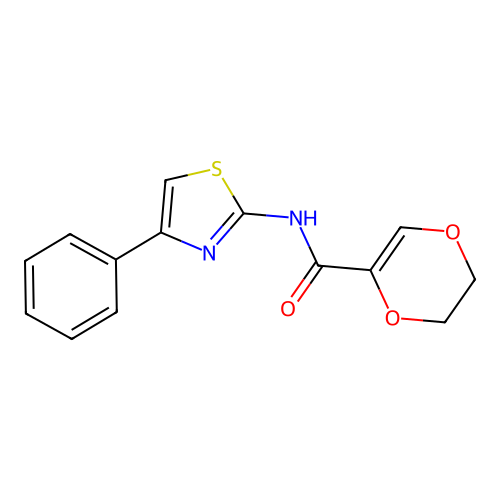 N-(4-phenylthiazol-2-yl)-5,6-dihydro-1,4-dioxine-2-carboxamide structure