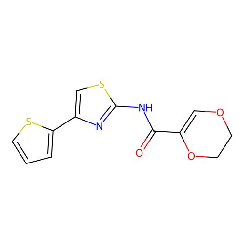 N-(4-(thiophen-2-yl)thiazol-2-yl)-5,6-dihydro-1,4-dioxine-2-carboxamide structure