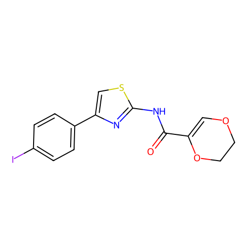 N-(4-(4-iodophenyl)thiazol-2-yl)-5,6-dihydro-1,4-dioxine-2-carboxamide structure