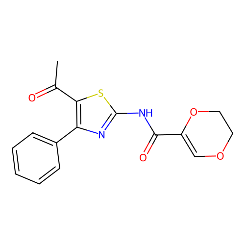 N-(5-acetyl-4-phenylthiazol-2-yl)-5,6-dihydro-1,4-dioxine-2-carboxamide structure