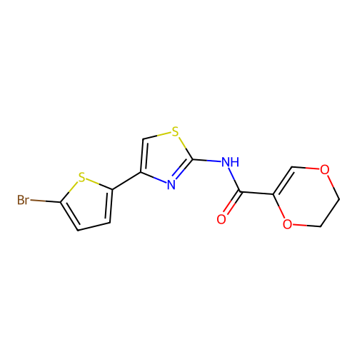N-(4-(5-bromothiophen-2-yl)thiazol-2-yl)-5,6-dihydro-1,4-dioxine-2-carboxamide structure