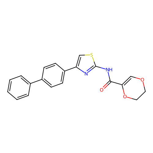 N-(4-([1,1'-biphenyl]-4-yl)thiazol-2-yl)-5,6-dihydro-1,4-dioxine-2-carboxamide structure