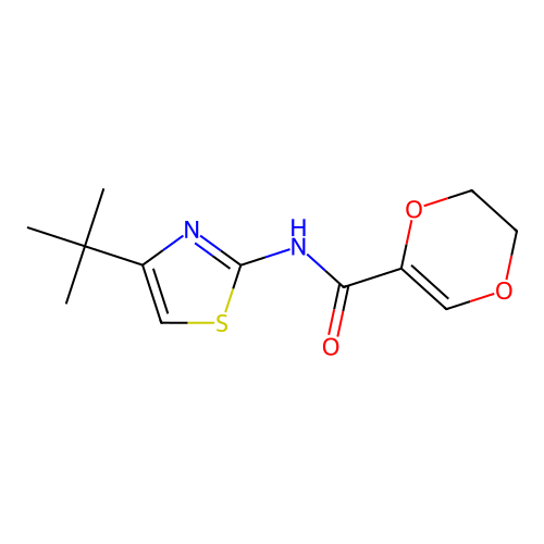 N-(4-tert-butyl-1,3-thiazol-2-yl)-5,6-dihydro-1,4-dioxine-2-carboxamide structure