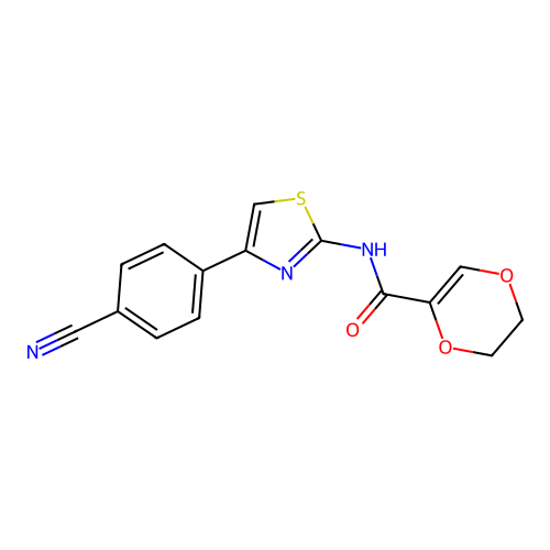 N-(4-(4-cyanophenyl)thiazol-2-yl)-5,6-dihydro-1,4-dioxine-2-carboxamide structure