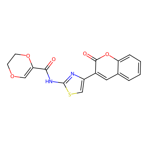 N-(4-(2-oxo-2H-chromen-3-yl)thiazol-2-yl)-5,6-dihydro-1,4-dioxine-2-carboxamide structure