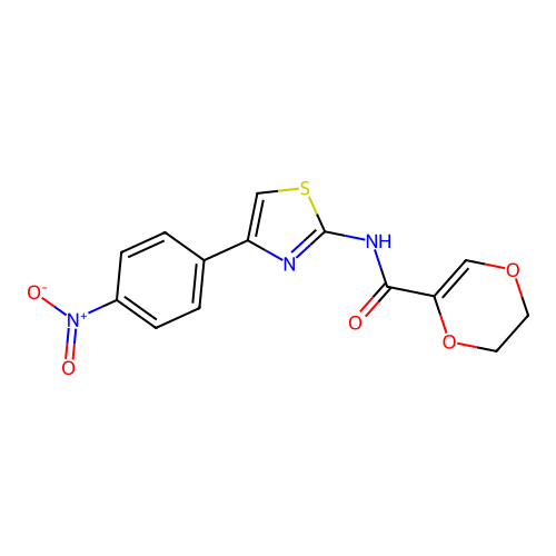 N-(4-(4-nitrophenyl)thiazol-2-yl)-5,6-dihydro-1,4-dioxine-2-carboxamide structure