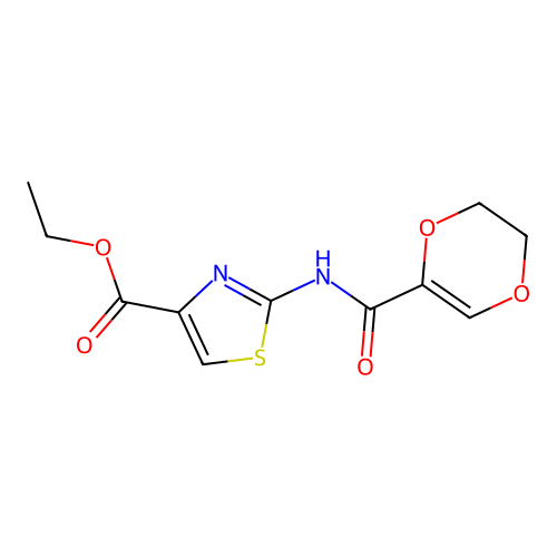 Ethyl 2-(5,6-dihydro-1,4-dioxine-2-carboxamido)thiazole-4-carboxylate structure