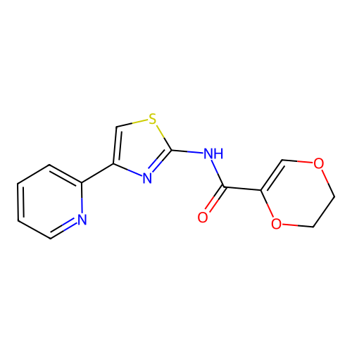 N-(4-(pyridin-2-yl)thiazol-2-yl)-5,6-dihydro-1,4-dioxine-2-carboxamide structure
