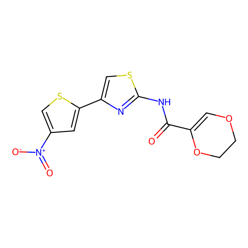 N-(4-(4-nitrothiophen-2-yl)thiazol-2-yl)-5,6-dihydro-1,4-dioxine-2-carboxamide structure