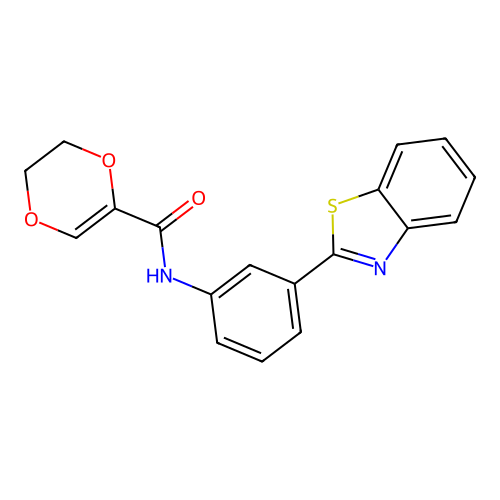 N-(3-(benzo[d]thiazol-2-yl)phenyl)-5,6-dihydro-1,4-dioxine-2-carboxamide structure