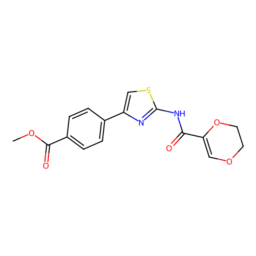Methyl 4-(2-(5,6-dihydro-1,4-dioxine-2-carboxamido)thiazol-4-yl)benzoate structure