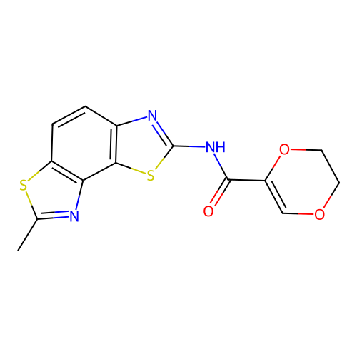 N-(7-methylbenzo[1,2-d:3,4-d']bis(thiazole)-2-yl)-5,6-dihydro-1,4-dioxine-2-carboxamide structure