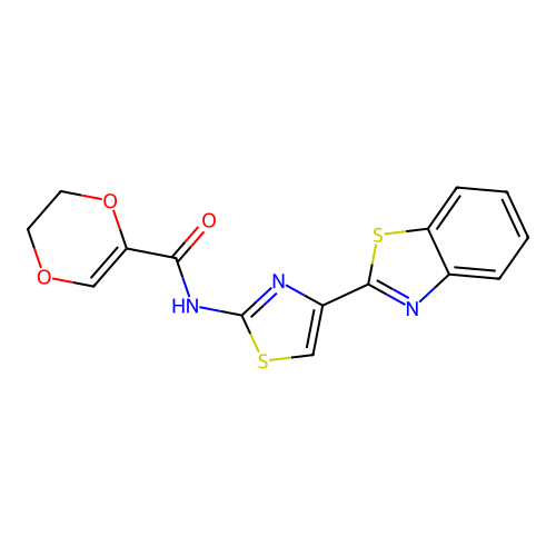 N-(4-(benzo[d]thiazol-2-yl)thiazol-2-yl)-5,6-dihydro-1,4-dioxine-2-carboxamide structure