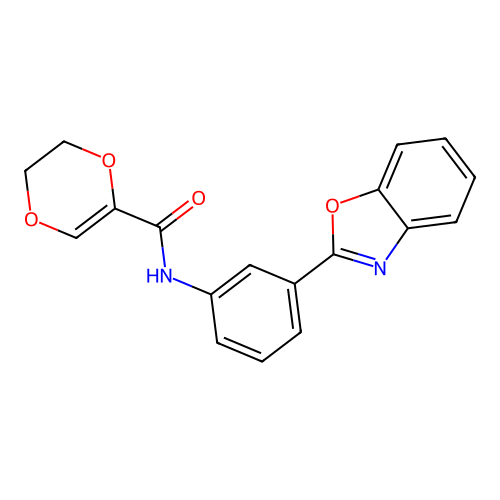N-(3-(benzo[d]oxazol-2-yl)phenyl)-5,6-dihydro-1,4-dioxine-2-carboxamide structure