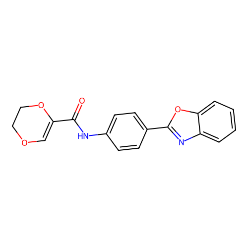 N-(4-(benzo[d]oxazol-2-yl)phenyl)-5,6-dihydro-1,4-dioxine-2-carboxamide structure