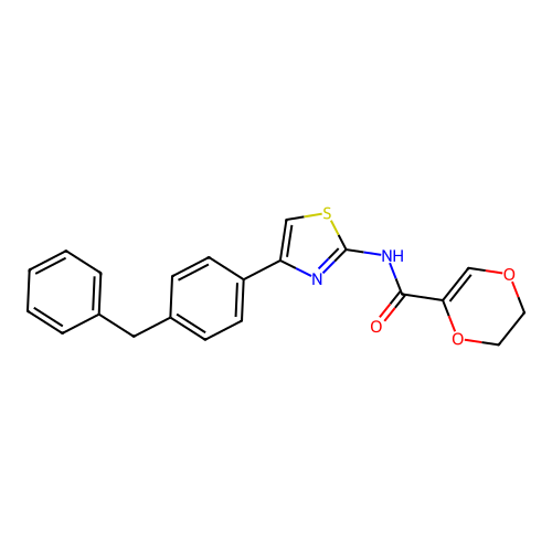 N-(4-(4-benzylphenyl)thiazol-2-yl)-5,6-dihydro-1,4-dioxine-2-carboxamide structure