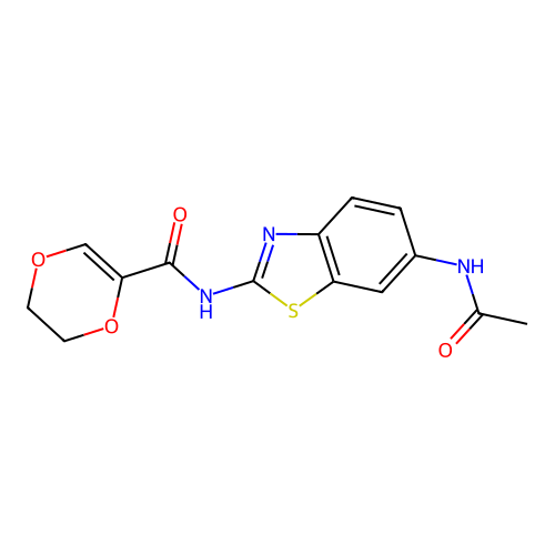 N-(6-acetamidobenzo[d]thiazol-2-yl)-5,6-dihydro-1,4-dioxine-2-carboxamide structure