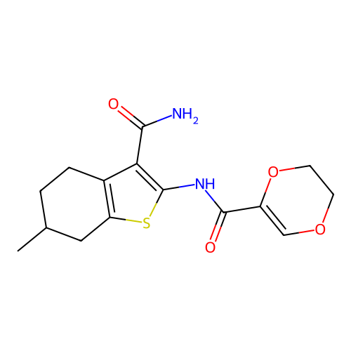 N-(3-carbamoyl-6-methyl-4,5,6,7-tetrahydro-1-benzothiophen-2-yl)-2,3-dihydro-1,4-dioxine-5-carboxamide structure