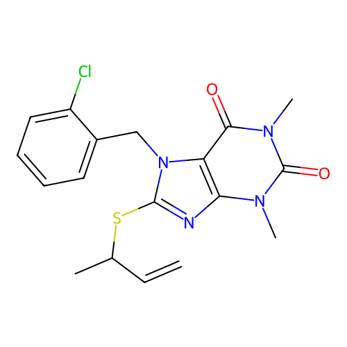 8-But-3-en-2-ylsulfanyl-7-[(2-chlorophenyl)methyl]-1,3-dimethylpurine-2,6-dione structure