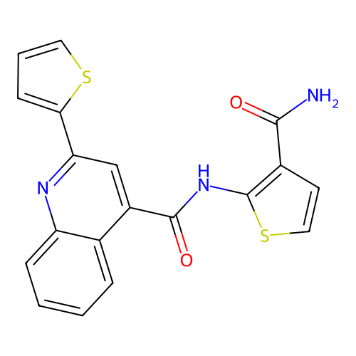 N-(3-carbamoylthiophen-2-yl)-2-(thiophen-2-yl)quinoline-4-carboxamide structure