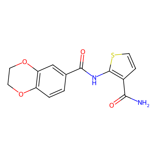 N-(3-carbamoylthiophen-2-yl)-2,3-dihydro-1,4-benzodioxine-6-carboxamide structure