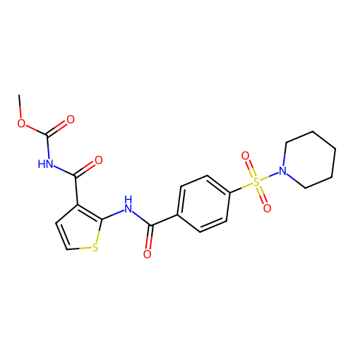Methyl (2-(4-(piperidin-1-ylsulfonyl)benzamido)thiophene-3-carbonyl)carbamate structure