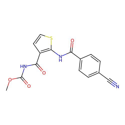 Methyl (2-(4-cyanobenzamido)thiophene-3-carbonyl)carbamate structure
