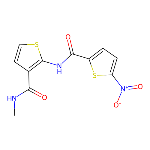 N-(3-(methylcarbamoyl)thiophen-2-yl)-5-nitrothiophene-2-carboxamide structure