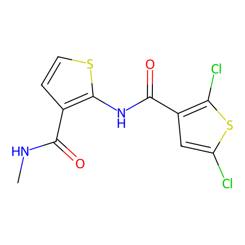 2,5-dichloro-N-(3-(methylcarbamoyl)thiophen-2-yl)thiophene-3-carboxamide structure