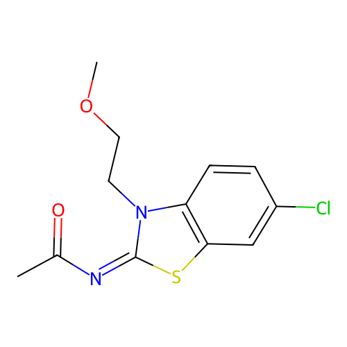 N-[6-chloro-3-(2-methoxyethyl)-1,3-benzothiazol-2-ylidene]acetamide structure