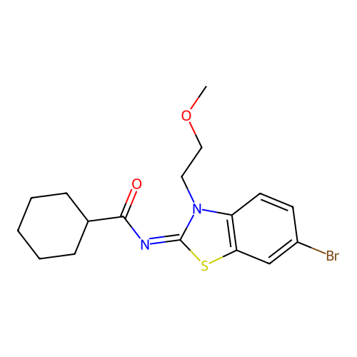 N-[6-bromo-3-(2-methoxyethyl)-1,3-benzothiazol-2-ylidene]cyclohexanecarboxamide structure