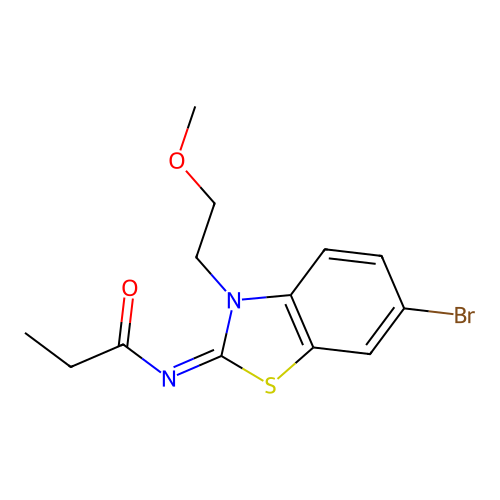 N-[6-bromo-3-(2-methoxyethyl)-1,3-benzothiazol-2-ylidene]propanamide structure
