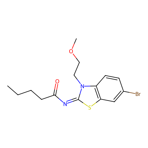 N-[6-bromo-3-(2-methoxyethyl)-1,3-benzothiazol-2-ylidene]pentanamide structure