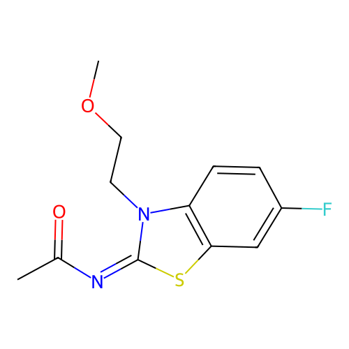 N-[6-fluoro-3-(2-methoxyethyl)-1,3-benzothiazol-2-ylidene]acetamide structure