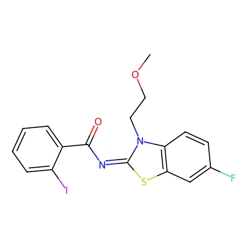 N-[6-fluoro-3-(2-methoxyethyl)-1,3-benzothiazol-2-ylidene]-2-iodobenzamide structure