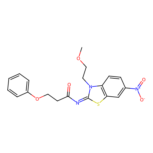 N-[3-(2-methoxyethyl)-6-nitro-1,3-benzothiazol-2-ylidene]-3-phenoxypropanamide structure