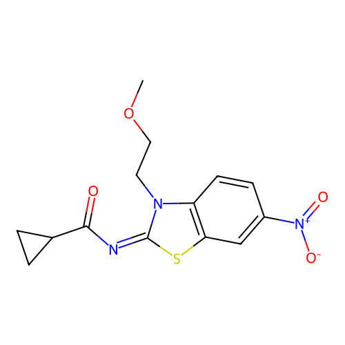 N-[3-(2-methoxyethyl)-6-nitro-1,3-benzothiazol-2-ylidene]cyclopropanecarboxamide structure