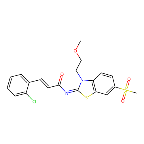 (2E,NZ)-3-(2-chlorophenyl)-N-(3-(2-methoxyethyl)-6-(methylsulfonyl)benzo[d]thiazol-2(3H)-ylidene)acrylamide structure