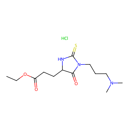 4-Imidazolidinepropionic acid, 1-(3-(dimethylamino)propyl)-5-oxo-2-thioxo-, ethyl ester, hydrochloride, (+-)- structure