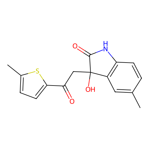 3-hydroxy-5-methyl-3-[2-(5-methylthiophen-2-yl)-2-oxoethyl]-1H-indol-2-one structure