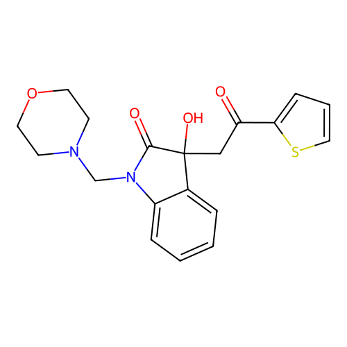 3-hydroxy-1-(morpholin-4-ylmethyl)-3-[2-oxo-2-(thiophen-2-yl)ethyl]-1,3-dihydro-2H-indol-2-one structure